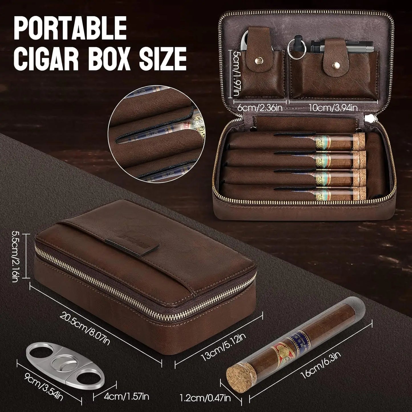 SEMKONT Leather Travel Cigar Humidor With Cigar Cutter