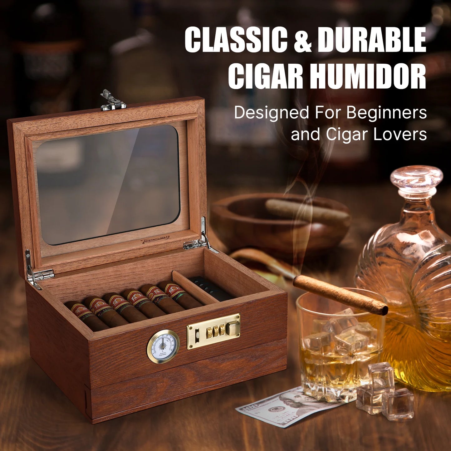 Tabletop Combination Lock Cigar Humidor w/Accessory Draw