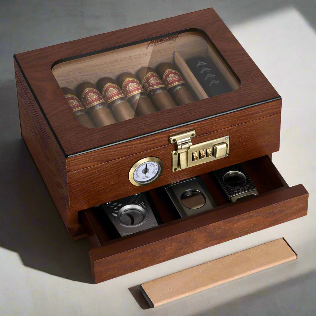 Tabletop Combination Lock Cigar Humidor w/Accessory Draw