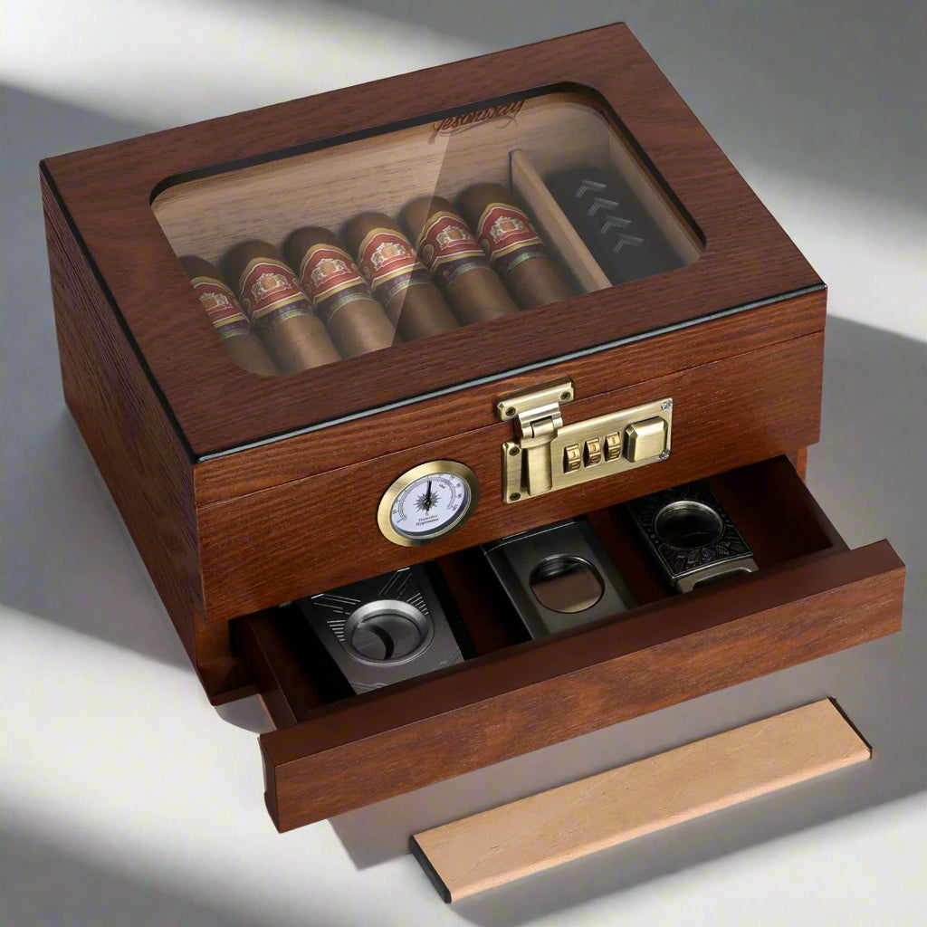 Tabletop Combination Lock Cigar Humidor w/Accessory Draw