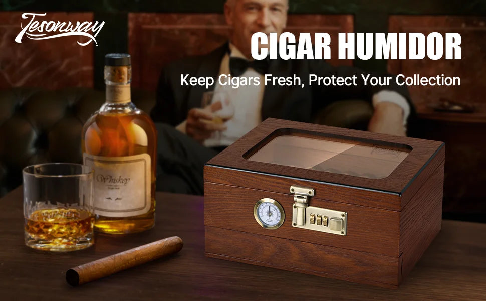 Tabletop Combination Lock Cigar Humidor w/Accessory Draw