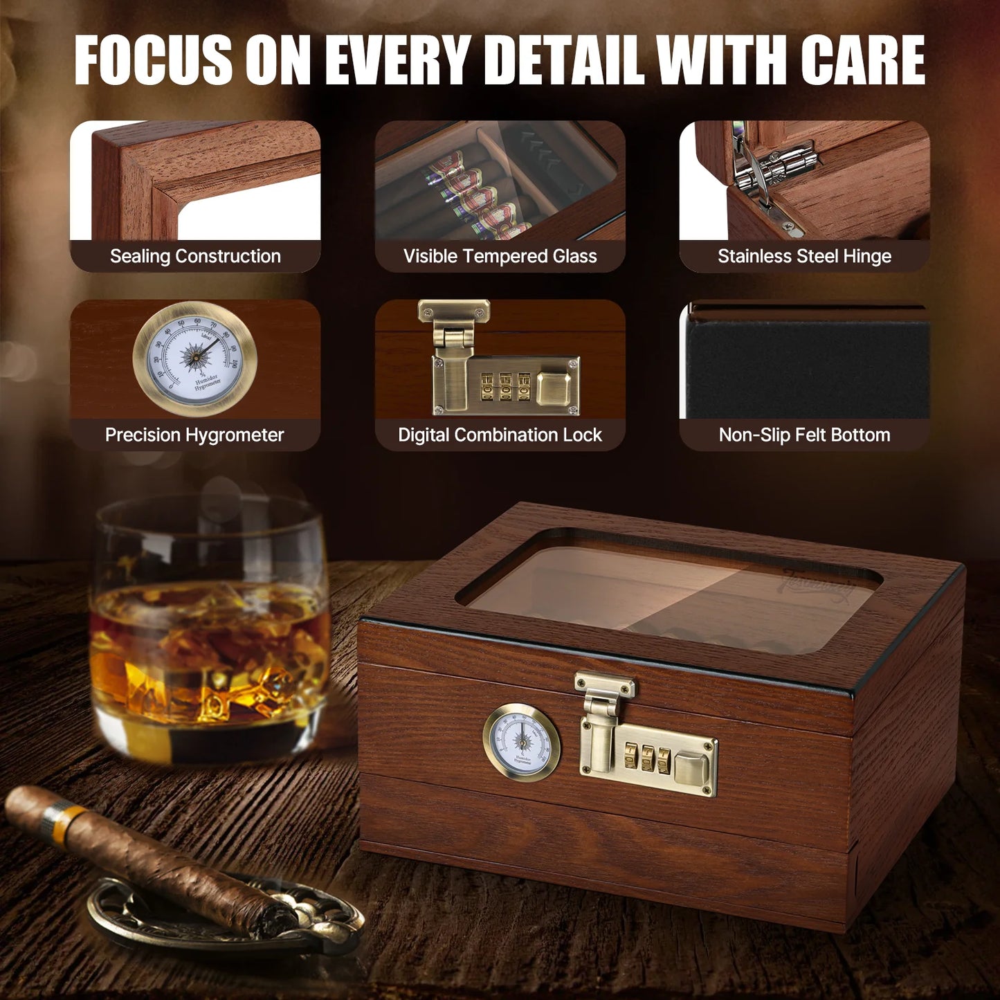 Tabletop Combination Lock Cigar Humidor w/Accessory Draw