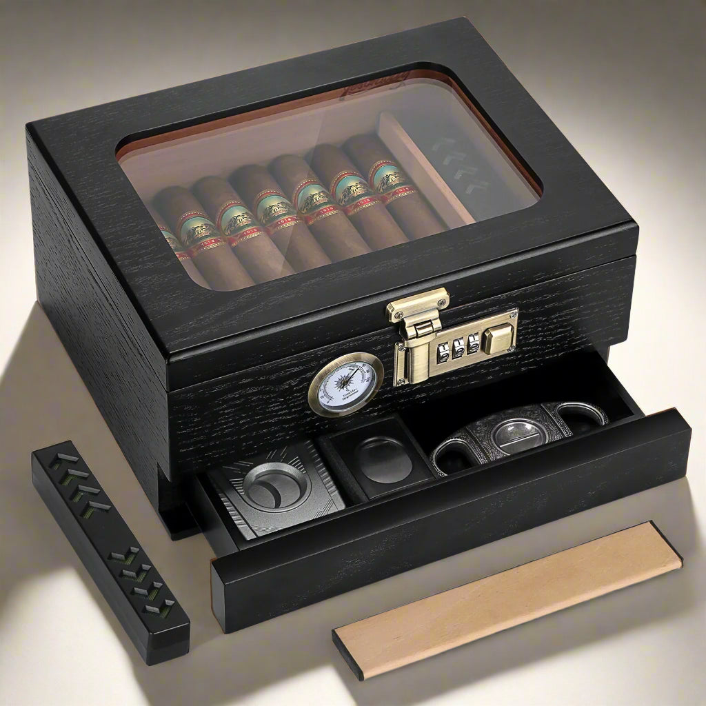 Tabletop Combination Lock Cigar Humidor w/Accessory Draw