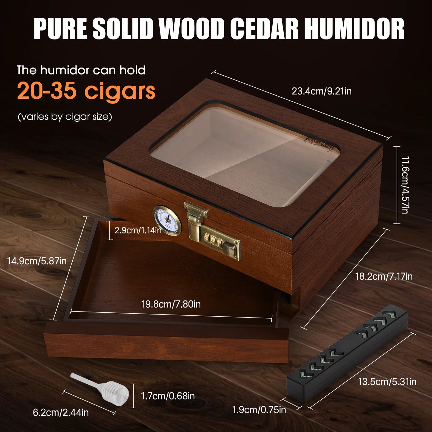 Tabletop Combination Lock Cigar Humidor w/Accessory Draw