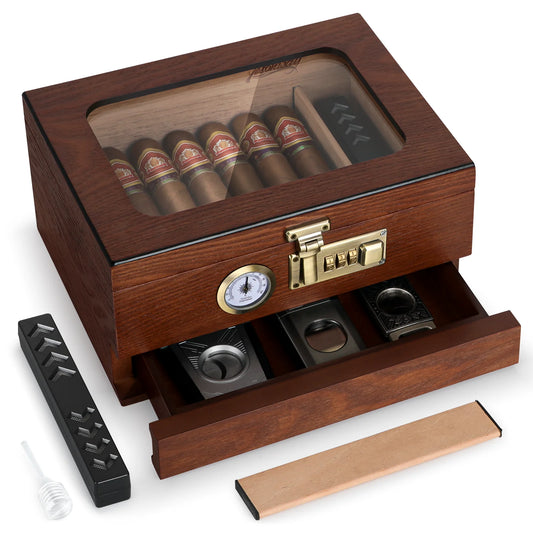 Combination lock Tabletop Cigar Humidor with accessory draw