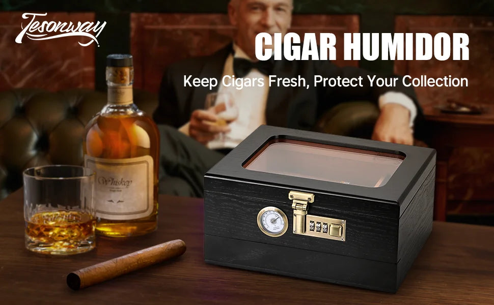 Combination lock Tabletop Cigar Humidor with accessory draw