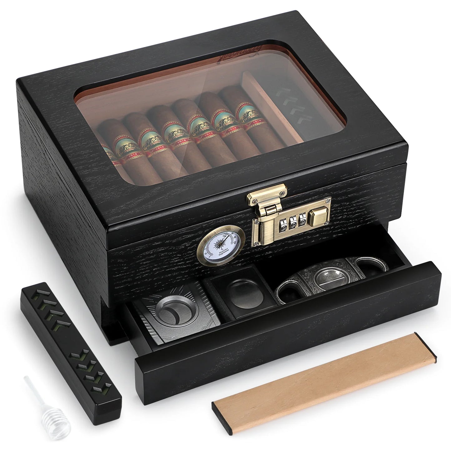 Combination lock Tabletop Cigar Humidor with accessory draw