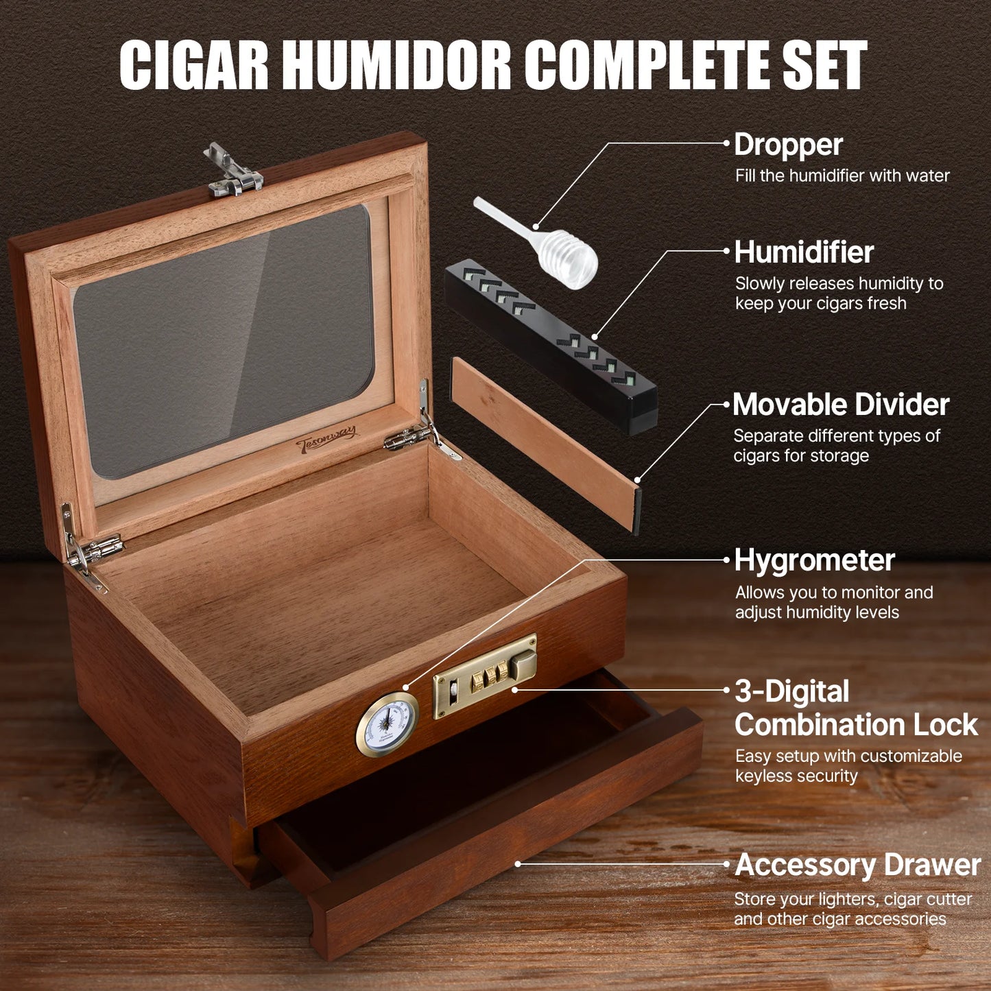 Combination lock Tabletop Cigar Humidor with accessory draw